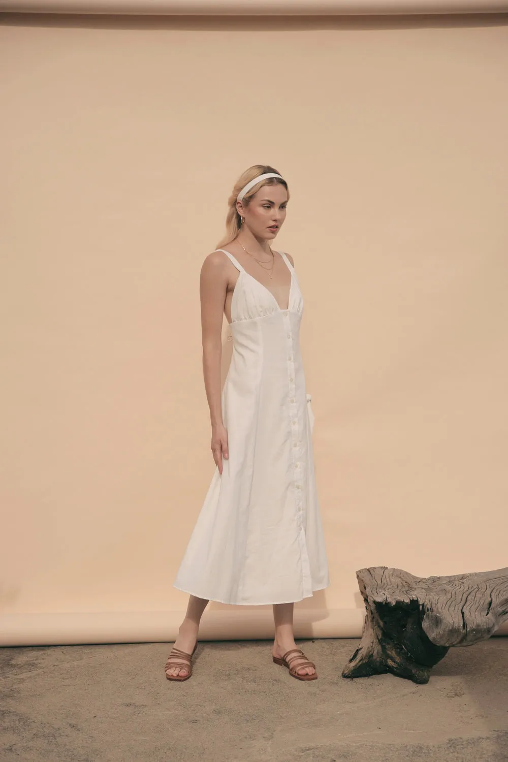 RIVIERA Button Down Slip Dress Gathered Cup Detail with Matching Scrunchie and Mask (White Linen)