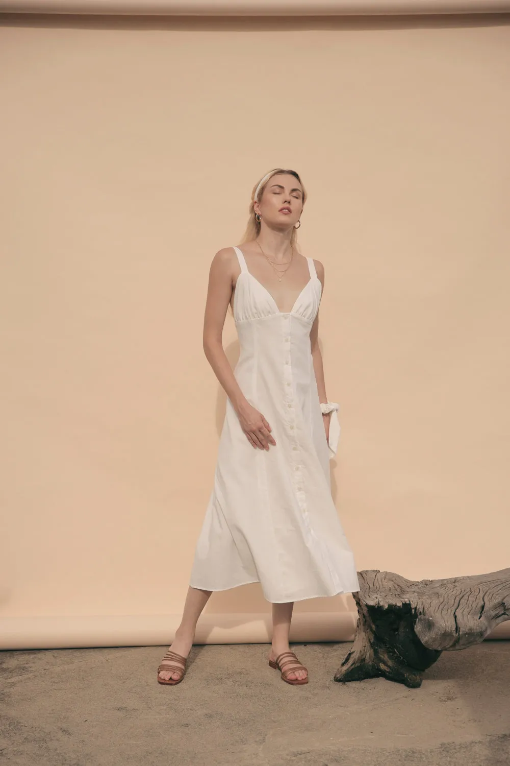 RIVIERA Button Down Slip Dress Gathered Cup Detail with Matching Scrunchie and Mask (White Linen)