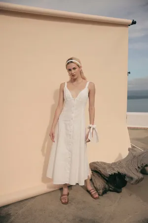 RIVIERA Button Down Slip Dress Gathered Cup Detail with Matching Scrunchie and Mask (White Linen)