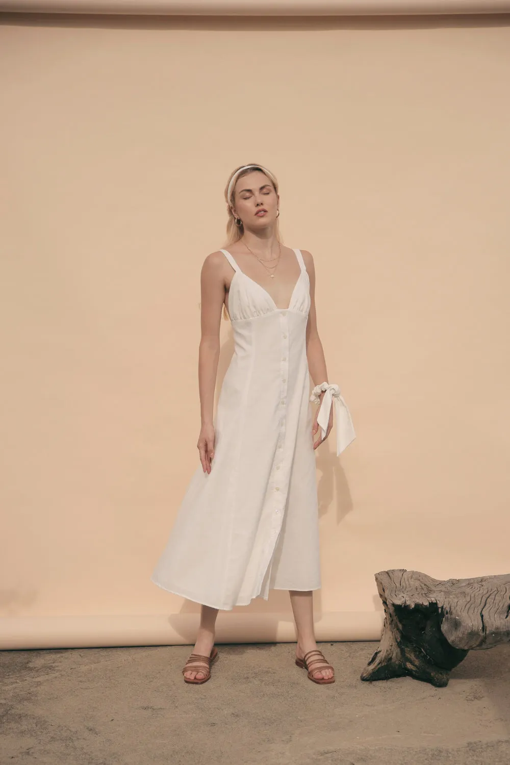 RIVIERA Button Down Slip Dress Gathered Cup Detail with Matching Scrunchie and Mask (White Linen)