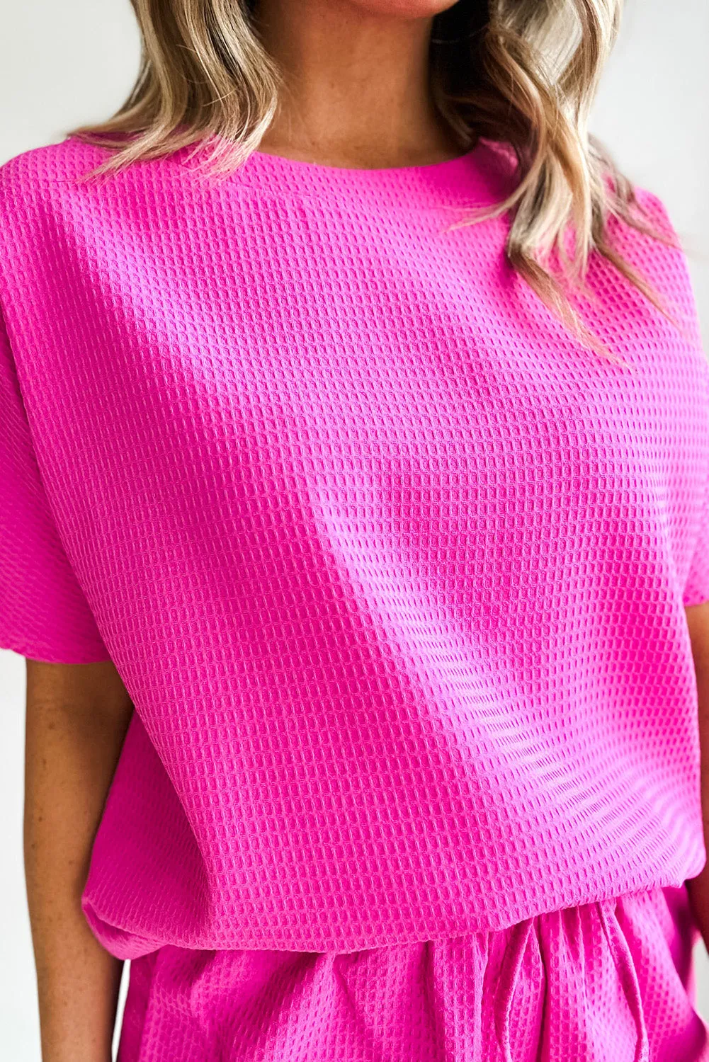 Rose Red Textured Short Sleeve Tee and Drawstring Shorts