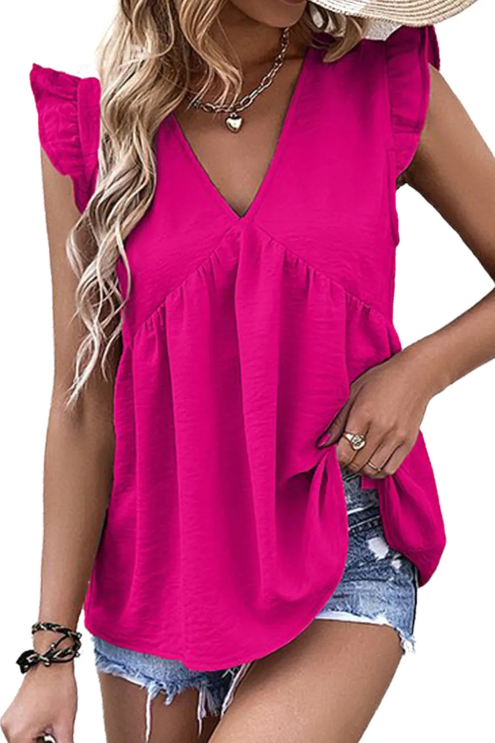 Rose V Neck Flutter Sleeveless Top