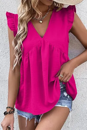 Rose V Neck Flutter Sleeveless Top