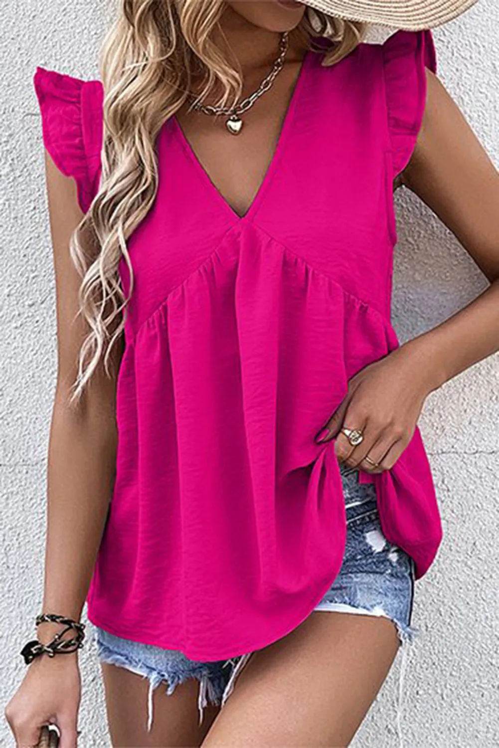 Rose V Neck Flutter Sleeveless Top
