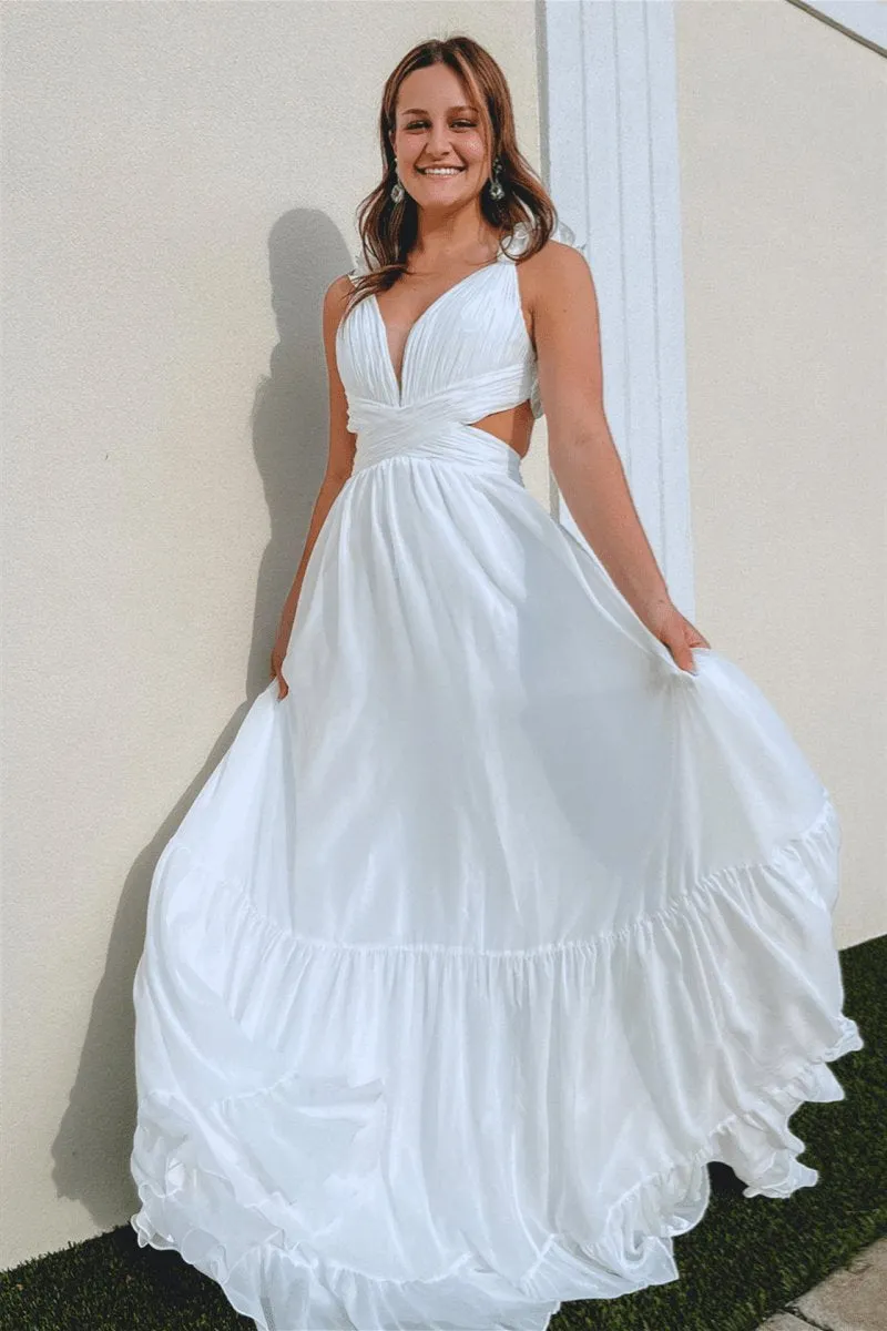 Ruffle Straps Pleated Cut-Out Deep V Long Prom Dresses