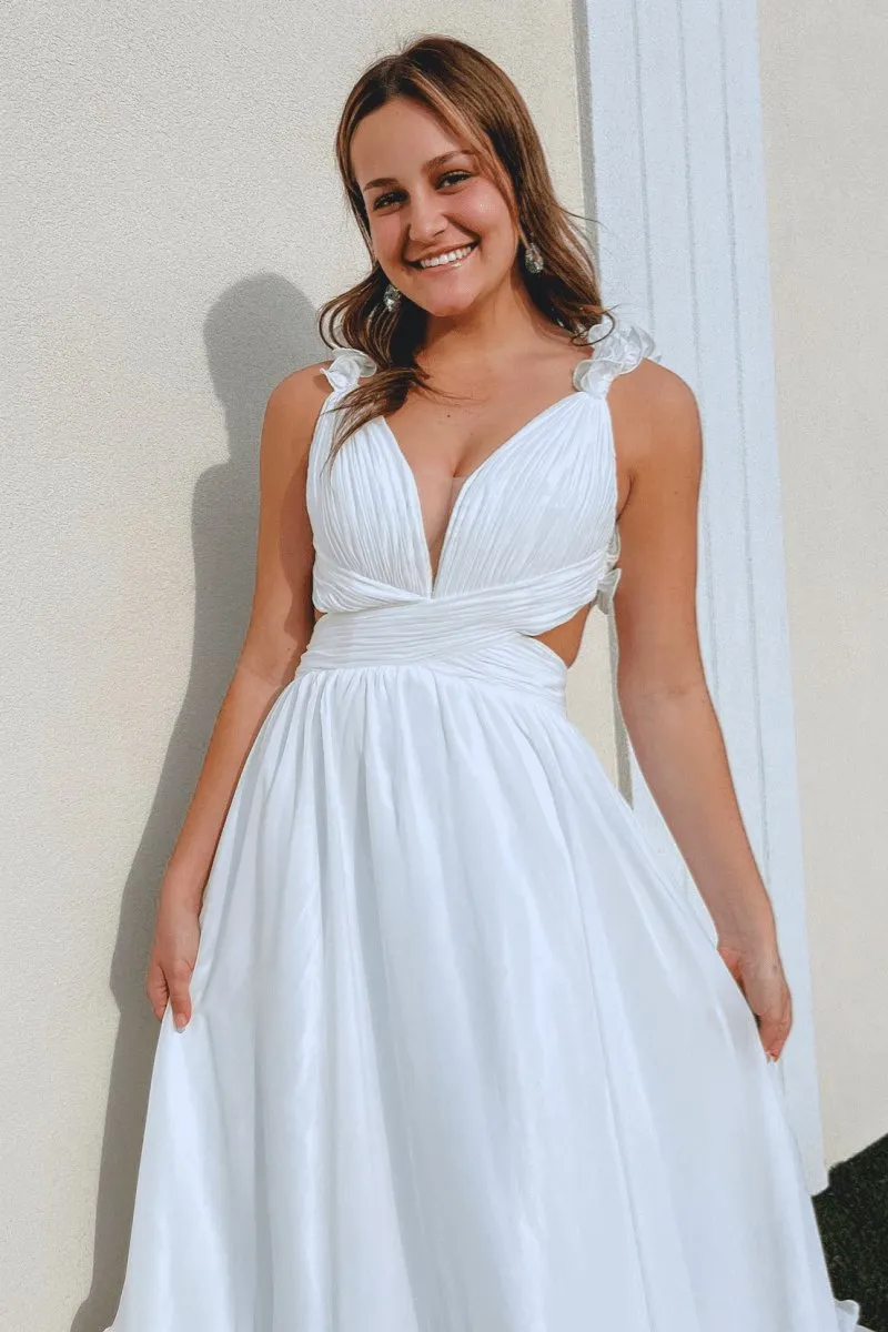 Ruffle Straps Pleated Cut-Out Deep V Long Prom Dresses