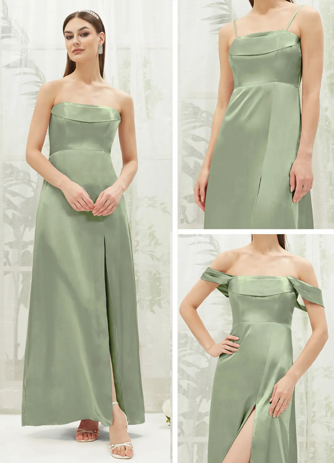 Sage Green Satin Convertible Slit Floor Length  Bridesmaid Dresses