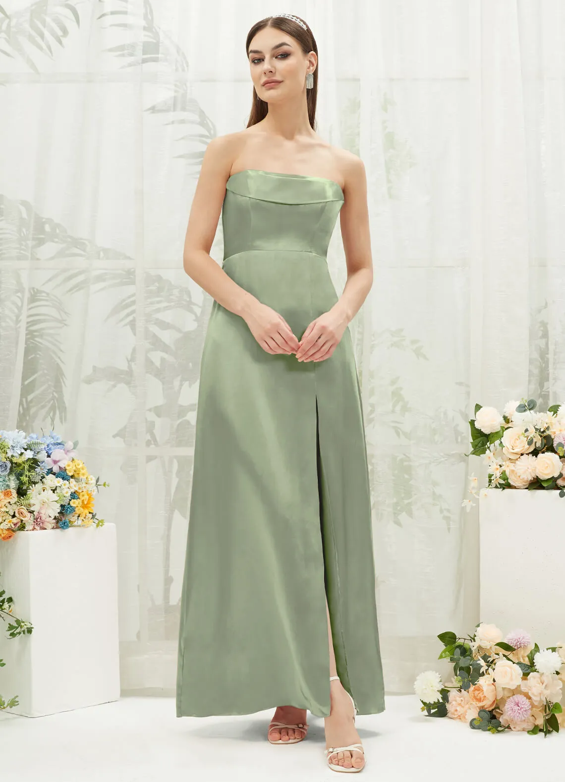 Sage Green Satin Convertible Slit Floor Length  Bridesmaid Dresses