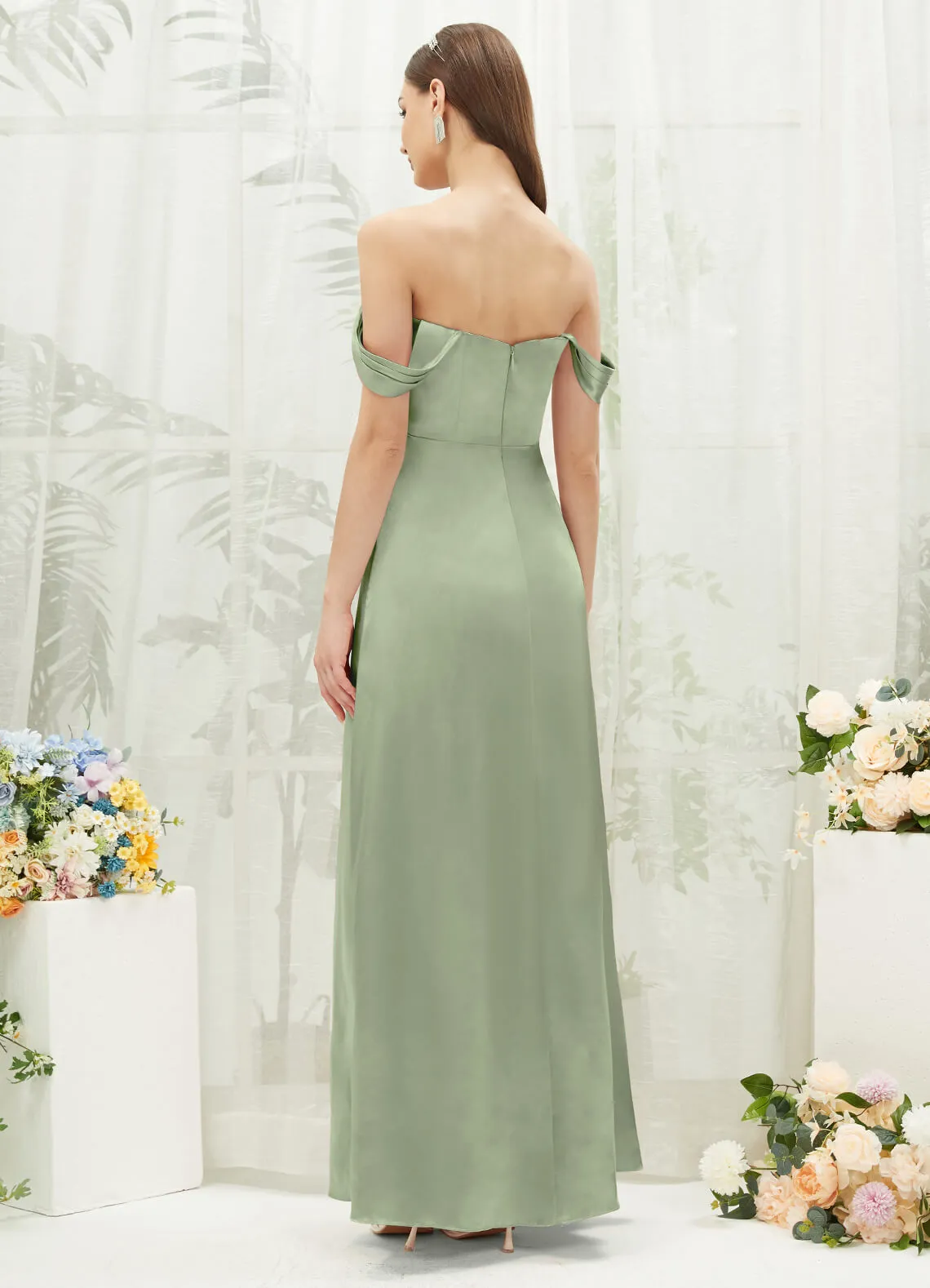 Sage Green Satin Convertible Slit Floor Length  Bridesmaid Dresses