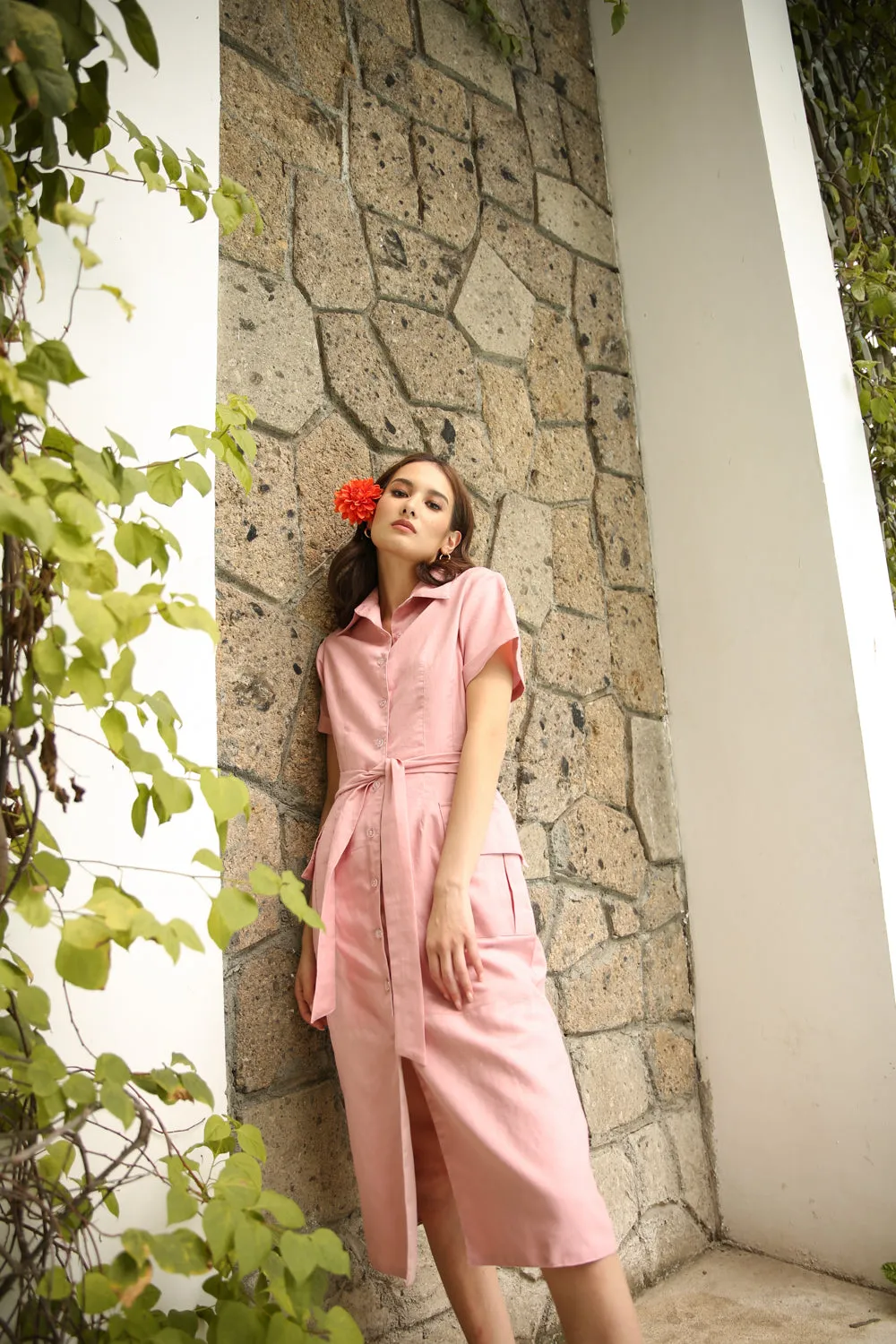 SANTIAGO Collared Button Down Shirt Dress with Oversize Pockets (Pink Linen)
