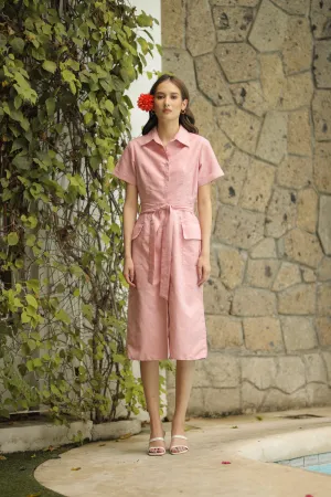 SANTIAGO Collared Button Down Shirt Dress with Oversize Pockets (Pink Linen)