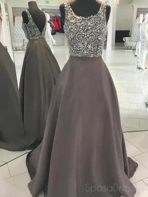 Sexy Backless Grey Beaded V Neck A-line Long Evening Prom Dresses, 17517