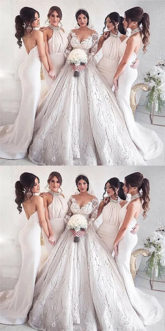 Sexy Mermaid Halter Backless Long Cheap Ivory Bridesmaid Dresses with Beading, QB0123