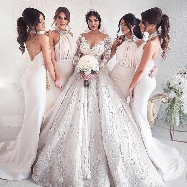 Sexy Mermaid Halter Backless Long Cheap Ivory Bridesmaid Dresses with Beading, QB0123