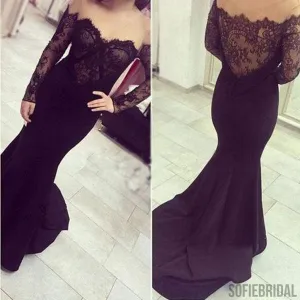 Sexy Off Shoulder See Through Black Lace Long Sleeve Long Mermaid Jersey Prom Dresses, PD0568