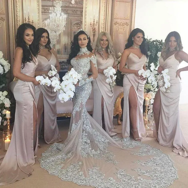 Sexy Spaghetti Side Slit Simple Design Long Bridesmaid Dresses, PD0293