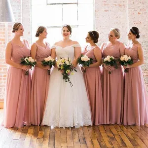 Sexy V-Neck Long Cheap Blush Pink Chiffon Bridesmaid Dresses Online, QB0121