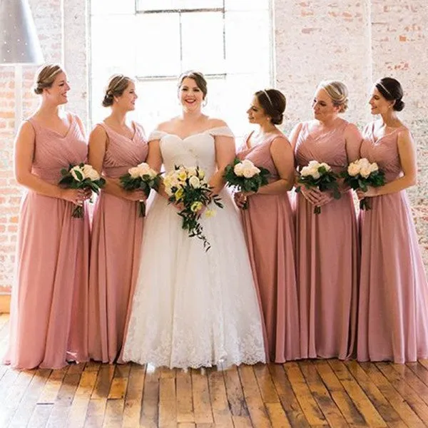 Sexy V-Neck Long Cheap Blush Pink Chiffon Bridesmaid Dresses Online, QB0121