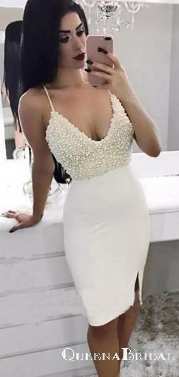 Sexy V-neck Spaghetti Strap Short Homecoming Dresses With Heavy Beaded, QB0865