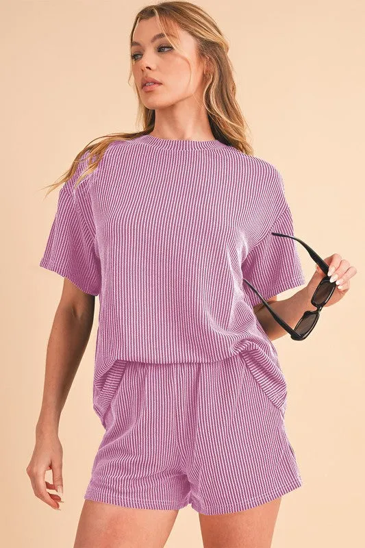 SHEWIN Ribbed Textured Knit Loose Fit Tee and Shorts Set