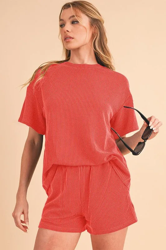 SHEWIN Ribbed Textured Knit Loose Fit Tee and Shorts Set