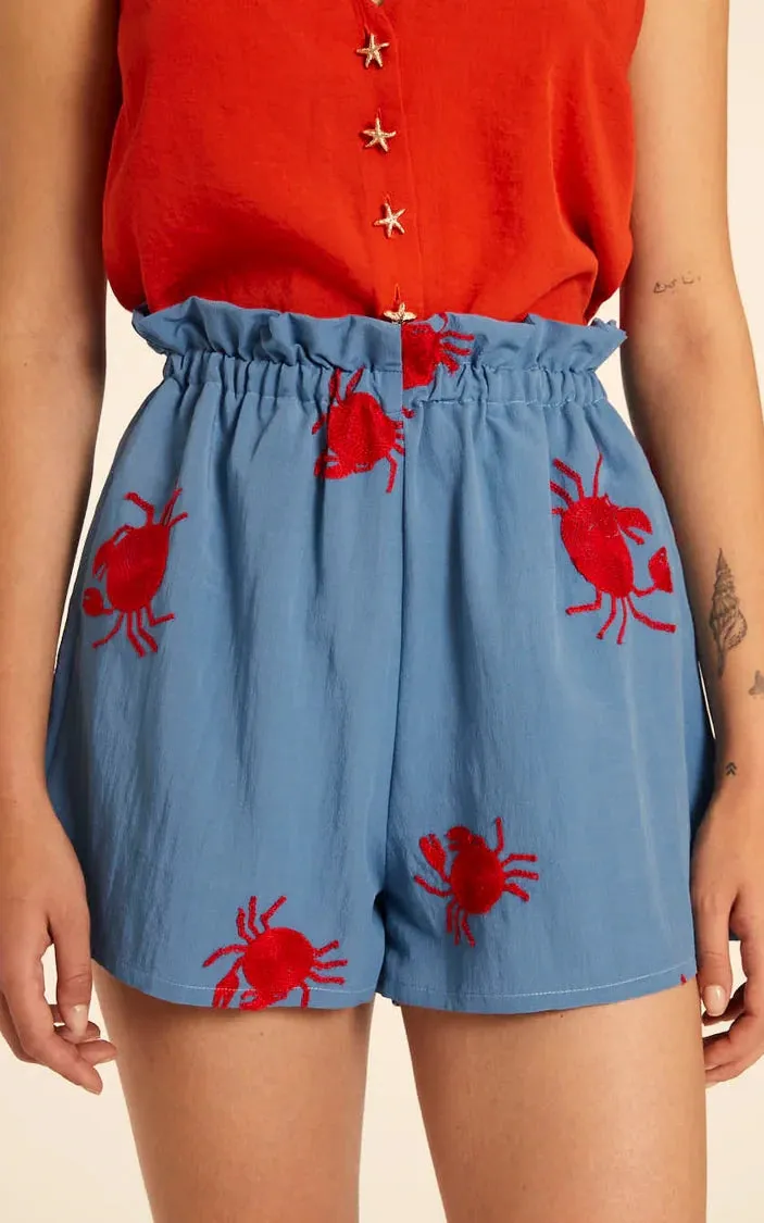 Short Con Bordado De Cangrejos Azul