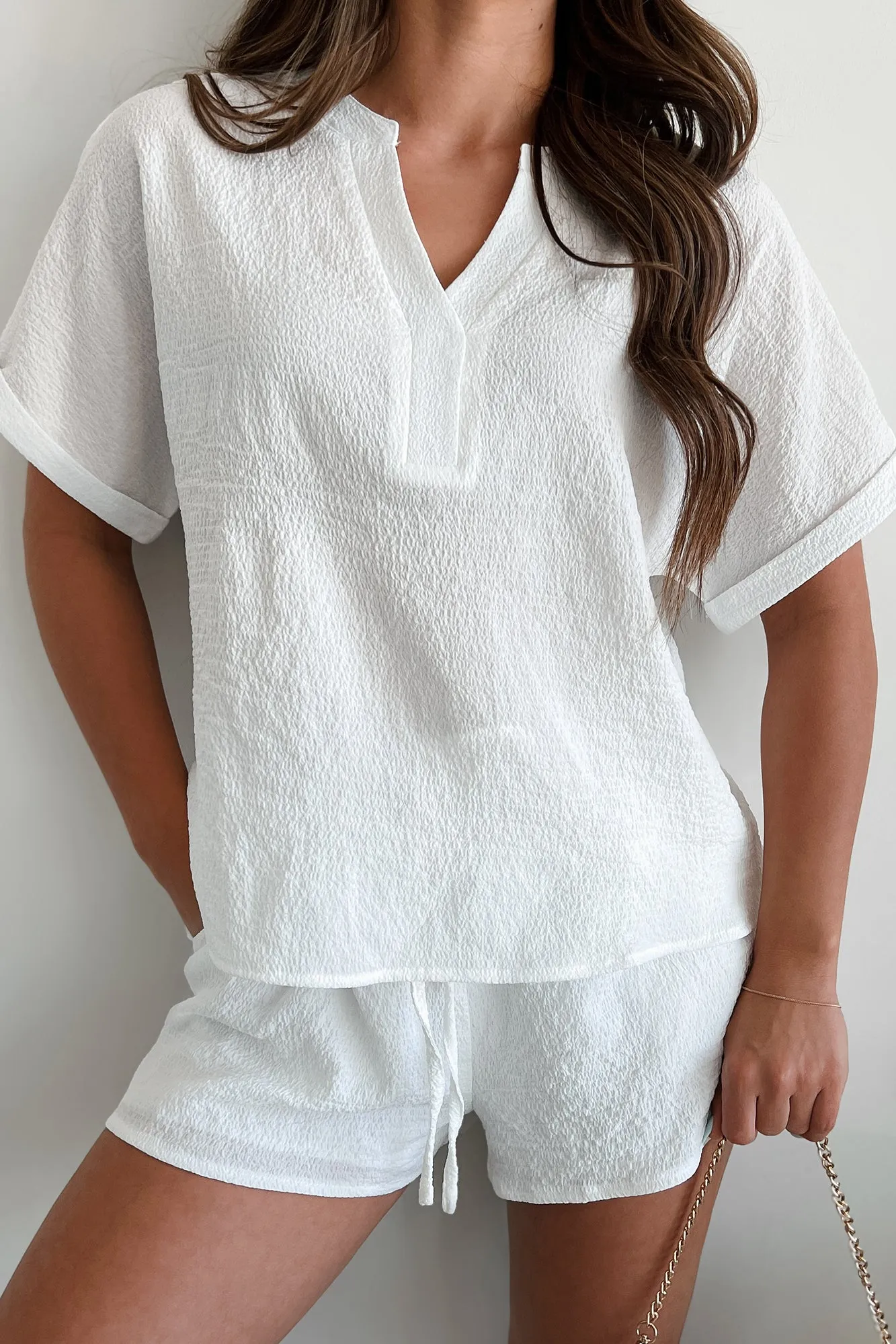 Simple For Summer Textured Top & Shorts Set (White)