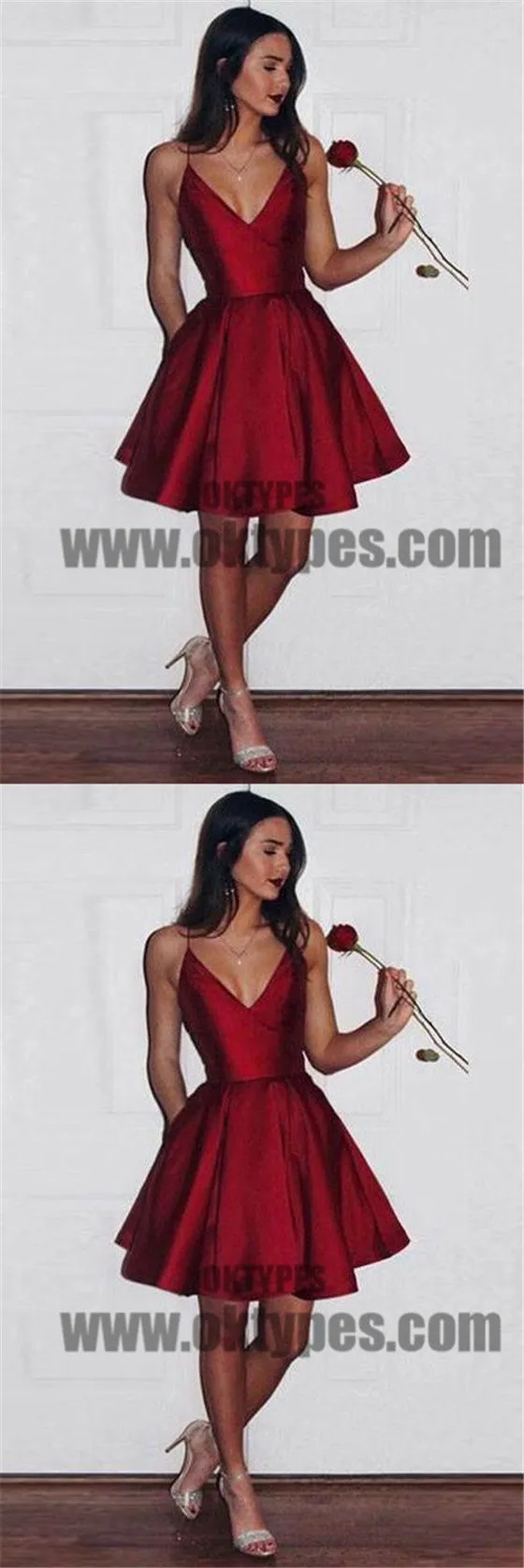Simple Spaghetti Red Satin Short Prom Dresses, Homecoming Dresses, V-neck Prom Dresses, TYP0656