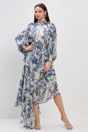 SMOCKING DETAIL ASMETRIC RUFFLE DRESS