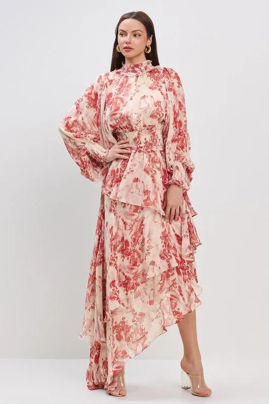 SMOCKING DETAIL ASMETRIC RUFFLE DRESS