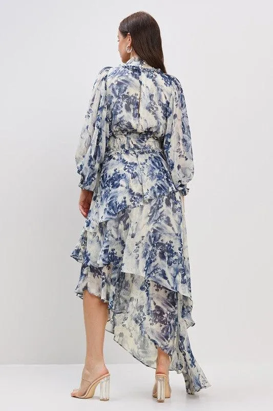 SMOCKING DETAIL ASMETRIC RUFFLE DRESS
