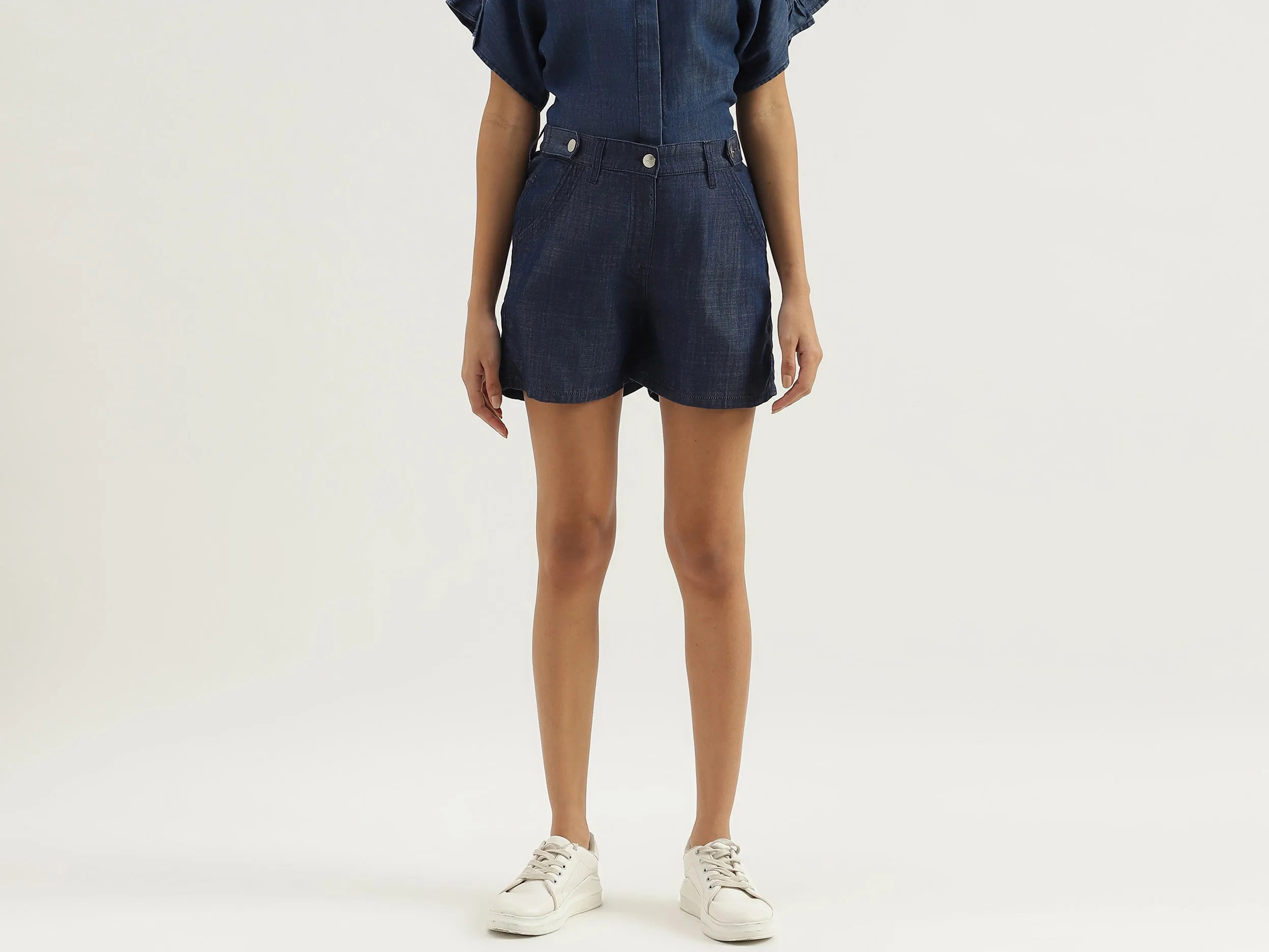 Solid Mid Waist Regular Fit Denim Shorts