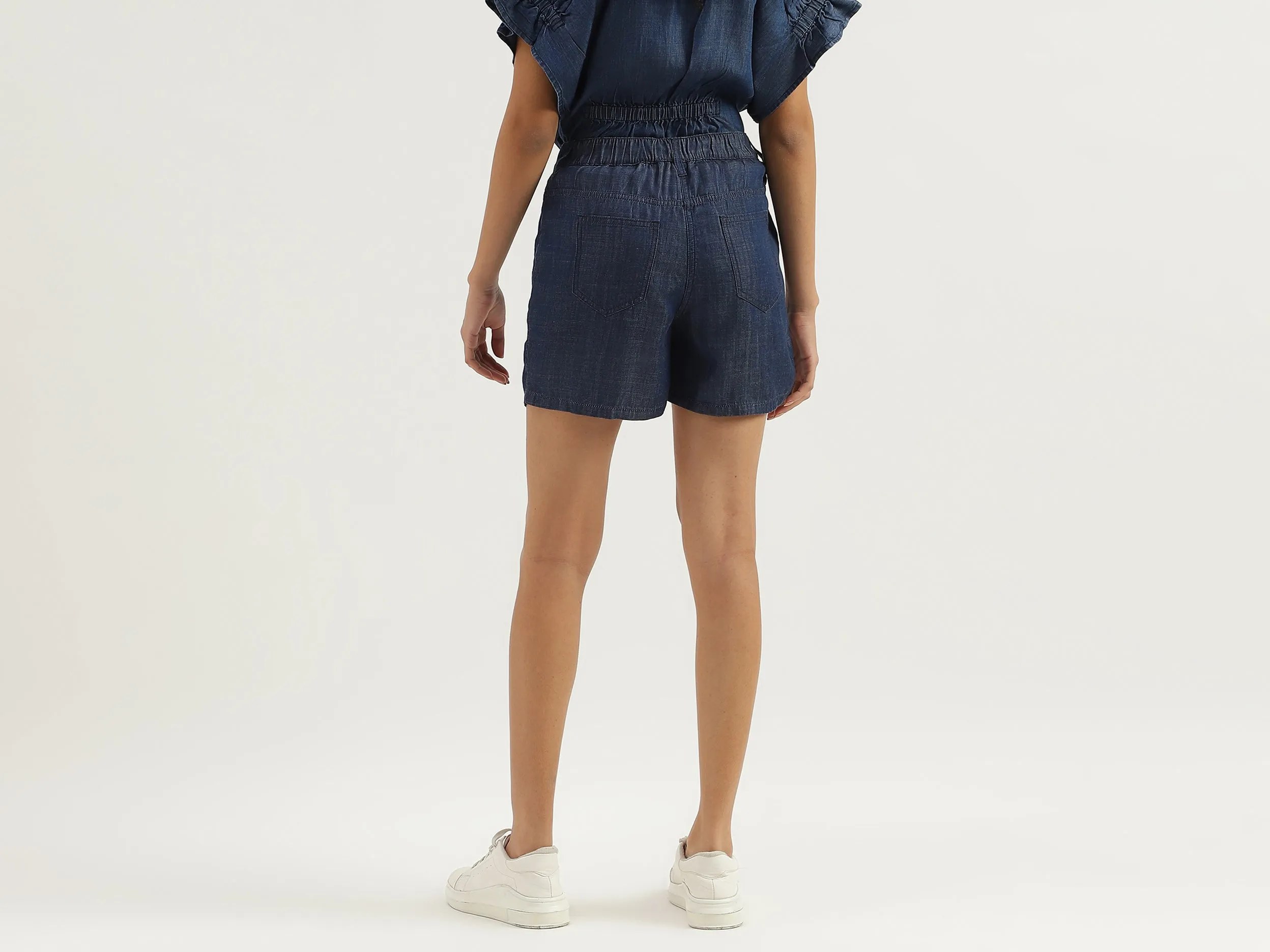 Solid Mid Waist Regular Fit Denim Shorts