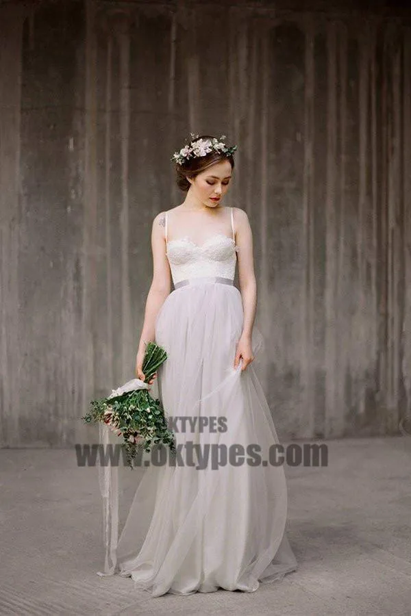 Spaghetti Lace Top Light Grey A-line Simple Design Wedding Dresses, Beach Wedding Dresses, TYP0601