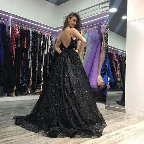 Spaghetti Long A-line Side Slit Sequin Prom Dresses, Sparkle Prom Dresses , PD0784