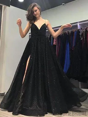 Spaghetti Long A-line Side Slit Sequin Prom Dresses, Sparkle Prom Dresses , PD0784