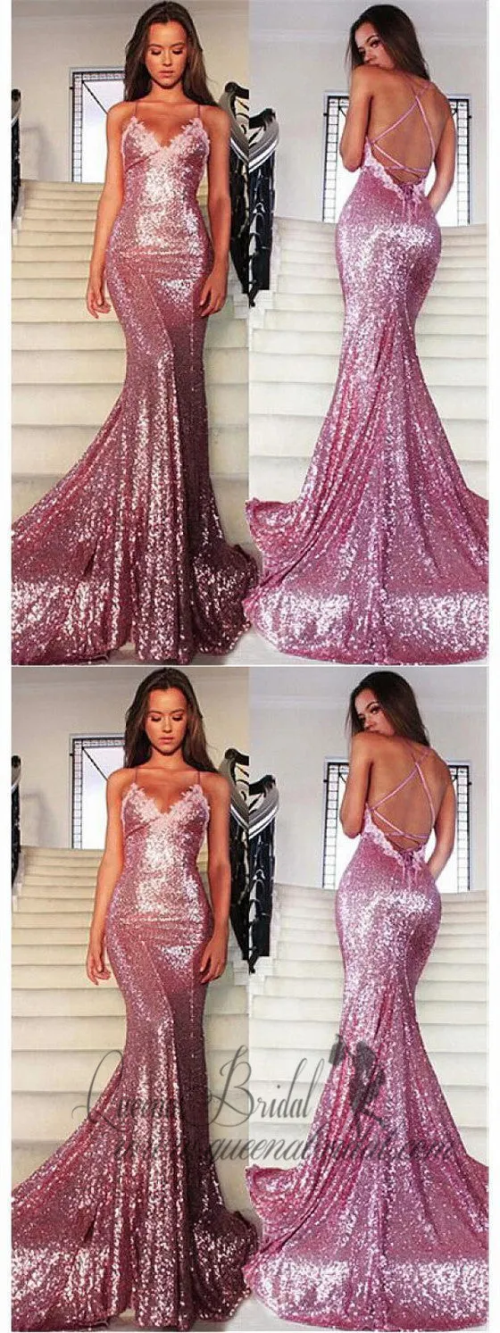 Spaghetti Strap Pink Mermaid Prom Dresses Sexy Backless Formal Dresses, QB0282