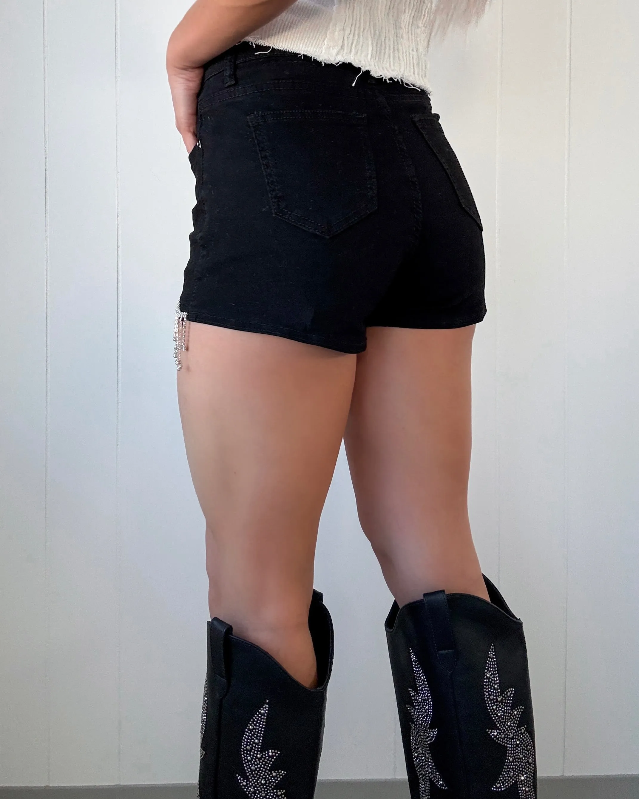 Sparkle Spur Rhinestone Fringe Shorts - Black