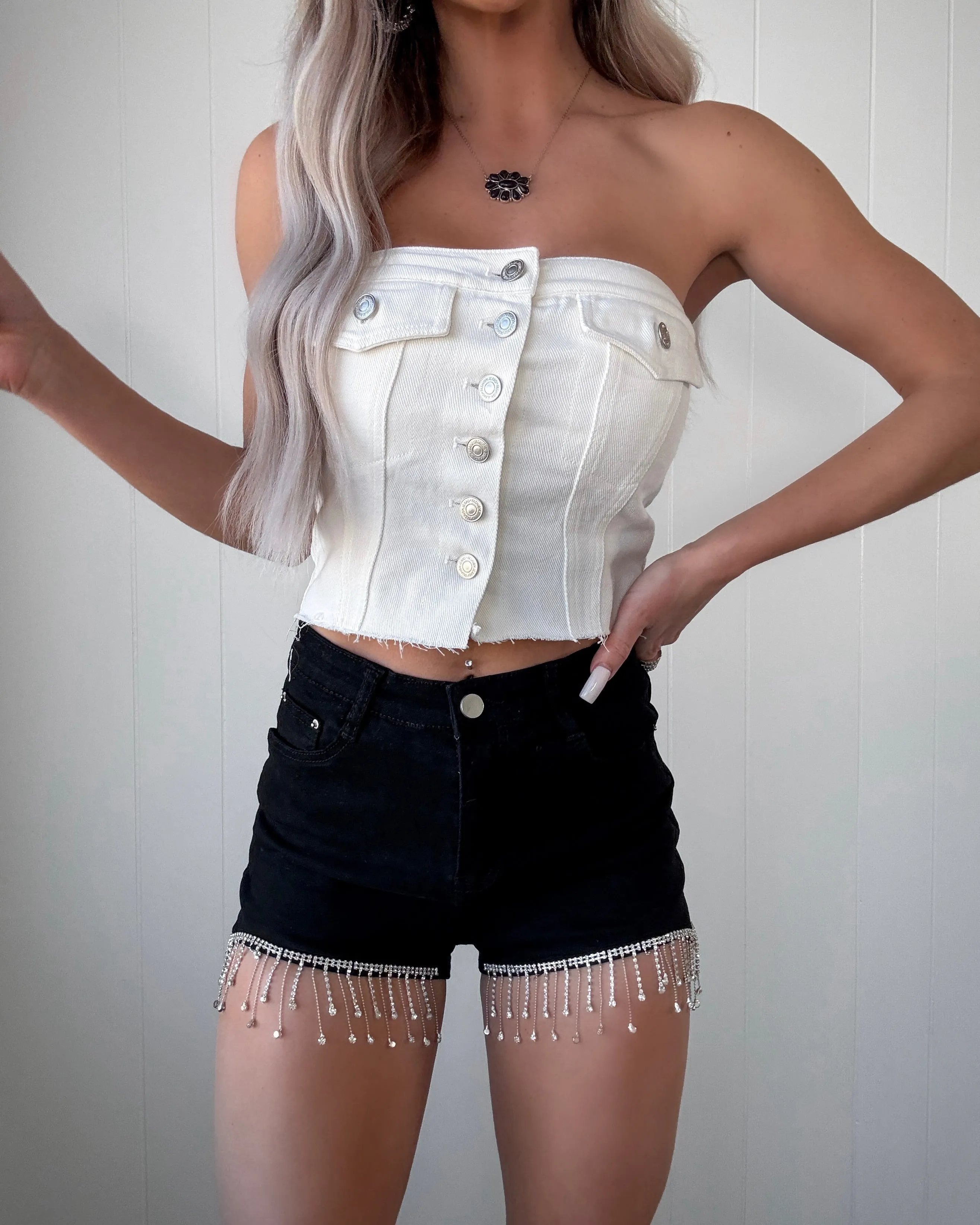 Sparkle Spur Rhinestone Fringe Shorts - Black