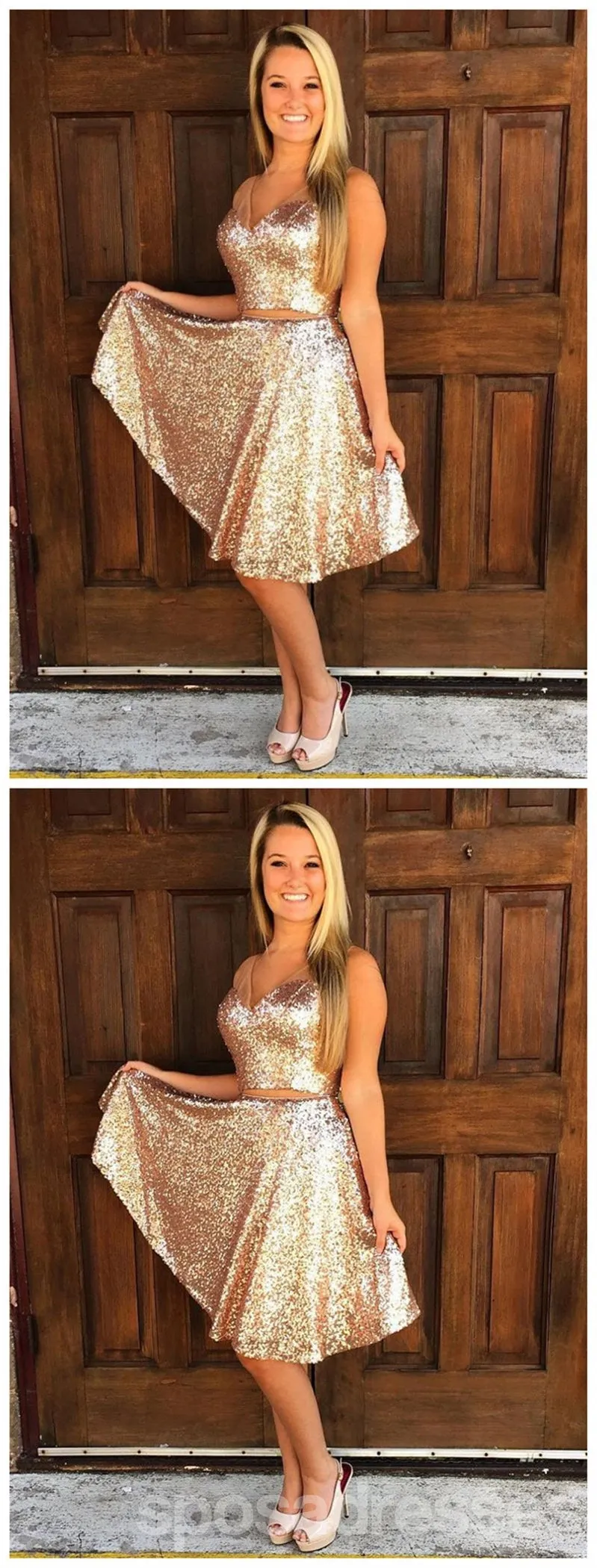 Sparkly Simple V Neck Cheap Two Piece Sequin Homecoming Dresses 2018, CM495