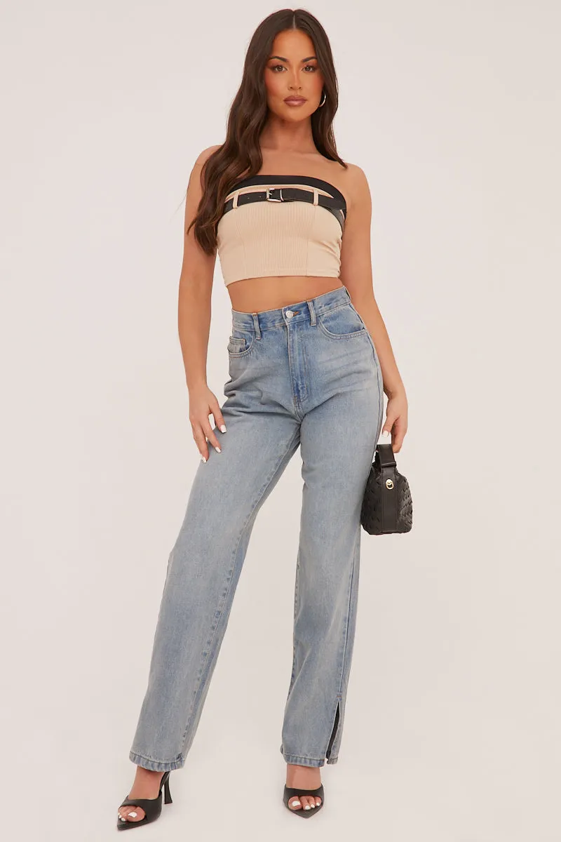 Stone Rib Knit Belt Detail Bandeau Cropped Top - Dela