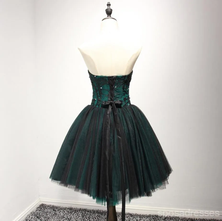 Strapless Dark Green Black Lace Tulle Homecoming Prom Dresses, CM237