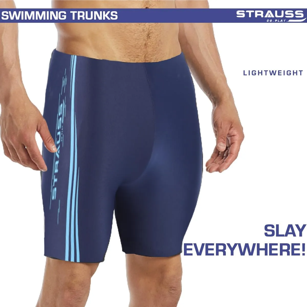STRAUSS Swimming Shorts | Swimming Trunks for Men & Boys | Easily Adjustable, Breathable & Quick Drying Shorts | Size: S,(Blue Lines)