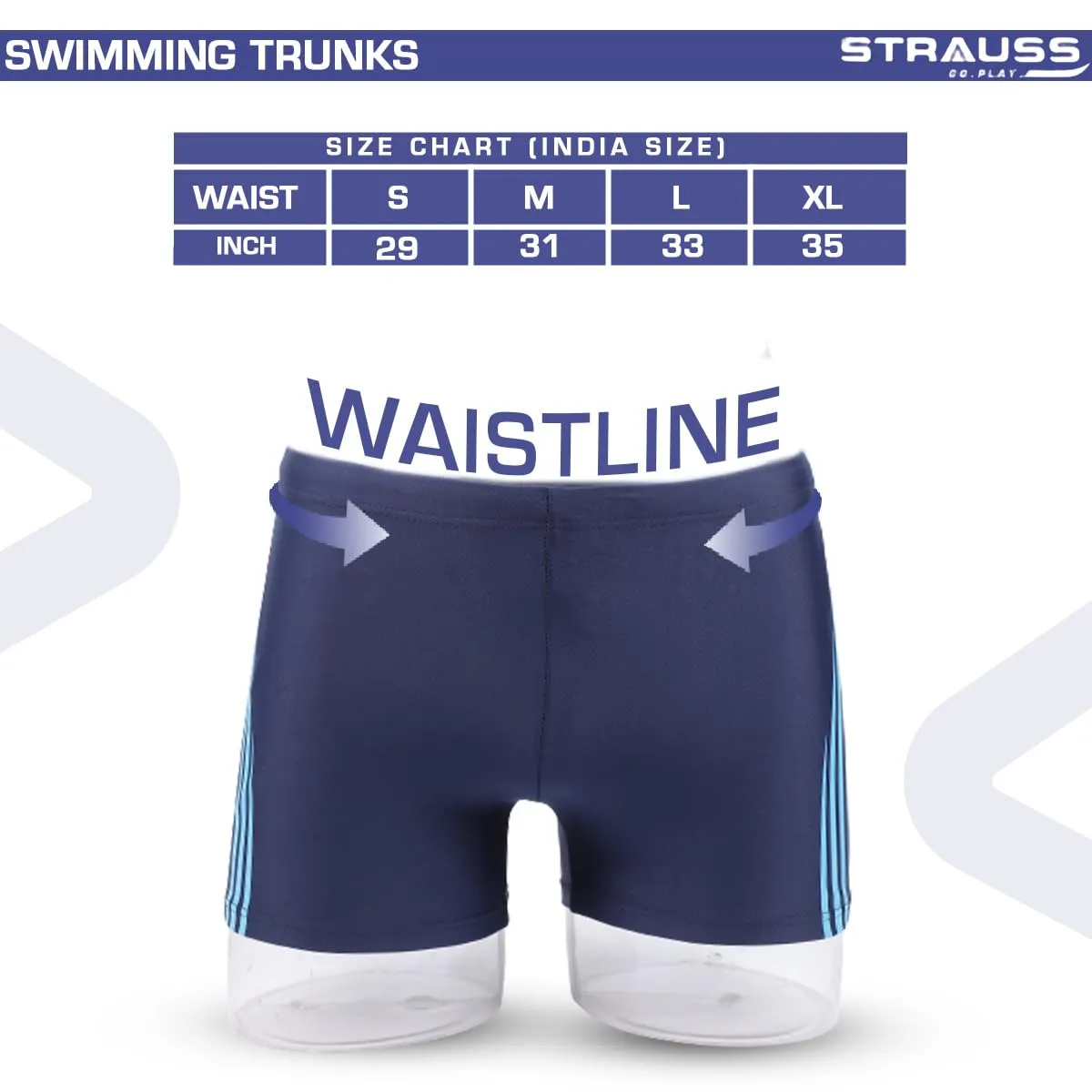 STRAUSS Swimming Shorts | Swimming Trunks for Men & Boys | Easily Adjustable, Breathable & Quick Drying Shorts | Size: S,(Blue Lines)