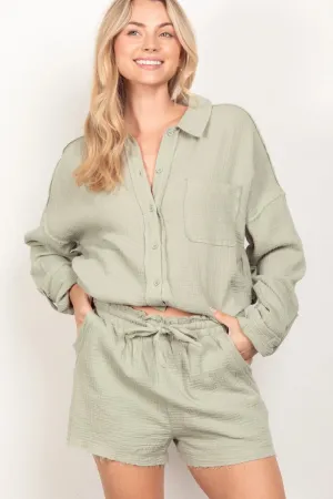 Textured Button Up Shirt and Shorts Set