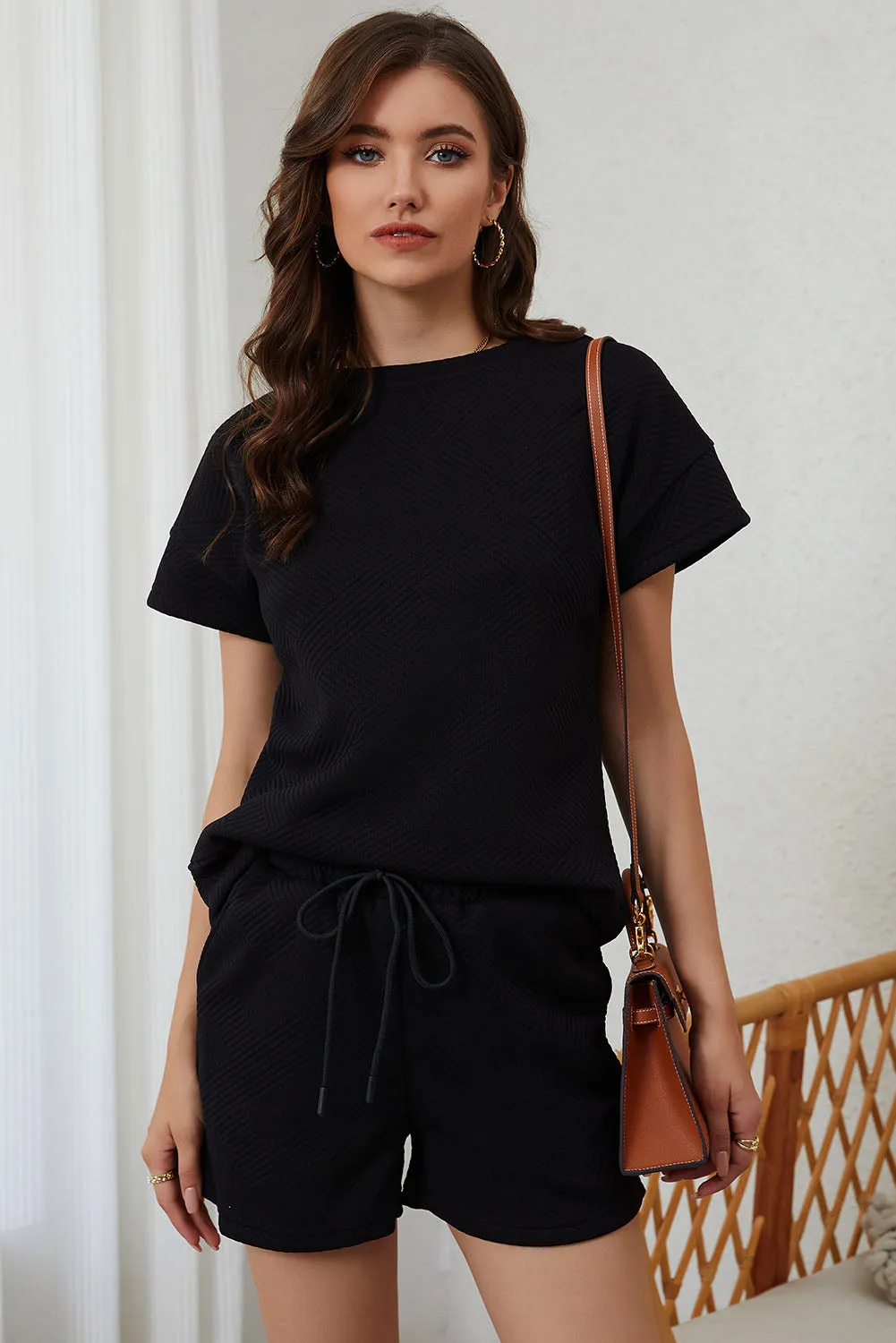 Textured Drawstring Shorts Set