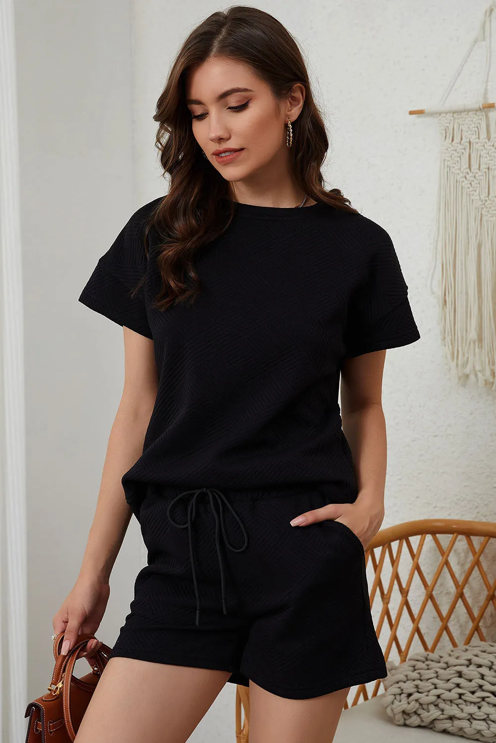 Textured Drawstring Shorts Set