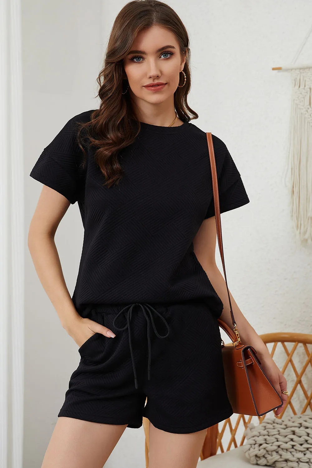 Textured Drawstring Shorts Set