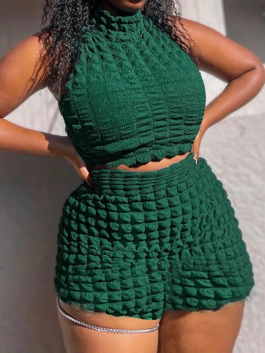 Textured Sleeveless High-Neck Crop Top and Shorts Two-Piece Set