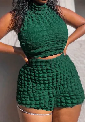 Textured Sleeveless High-Neck Crop Top and Shorts Two-Piece Set